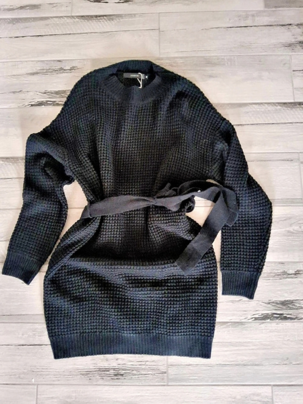ZESICA Waffle Knitted Tie Waist Sweater Dress Black Belted Sweater Size Medium
